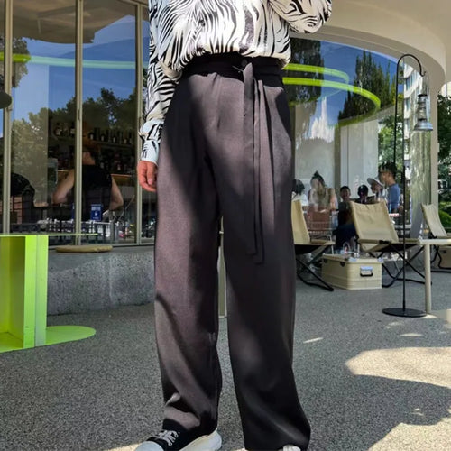 Load image into Gallery viewer, Korean Straight Pants Men Ribbons Design Loose Solid Color Elastic Waist Casual Trousers Summer Tide Male 28W3839
