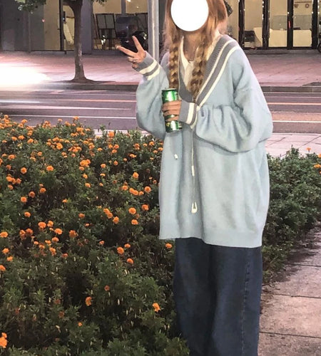 V-neck Loose Sweater Women Y2k Aesthetics Pullover Harajuku Rabbit Kawaii Blue Jumpers Grunge Korean Fashion Cute Tops