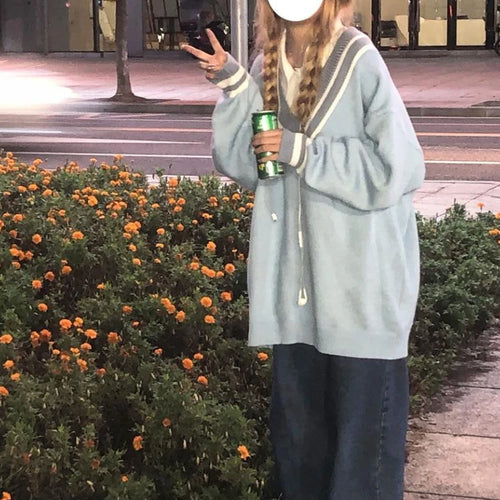 Load image into Gallery viewer, V-neck Loose Sweater Women Y2k Aesthetics Pullover Harajuku Rabbit Kawaii Blue Jumpers Grunge Korean Fashion Cute Tops
