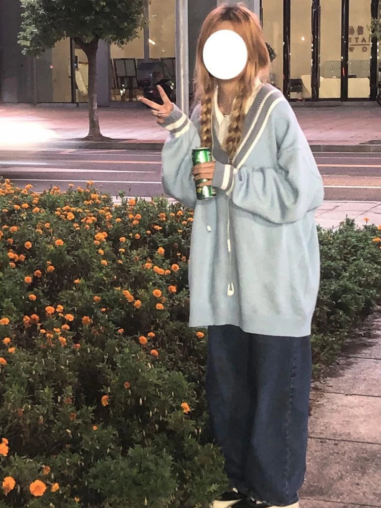 V-neck Loose Sweater Women Y2k Aesthetics Pullover Harajuku Rabbit Kawaii Blue Jumpers Grunge Korean Fashion Cute Tops