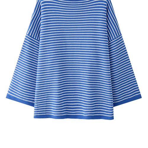 Load image into Gallery viewer, Women Blue Striped Shaped Big Size Knitting T-shirt New Round Neck Long Sleeve Fashion Tide Spring Autumn 2025 1DH9279
