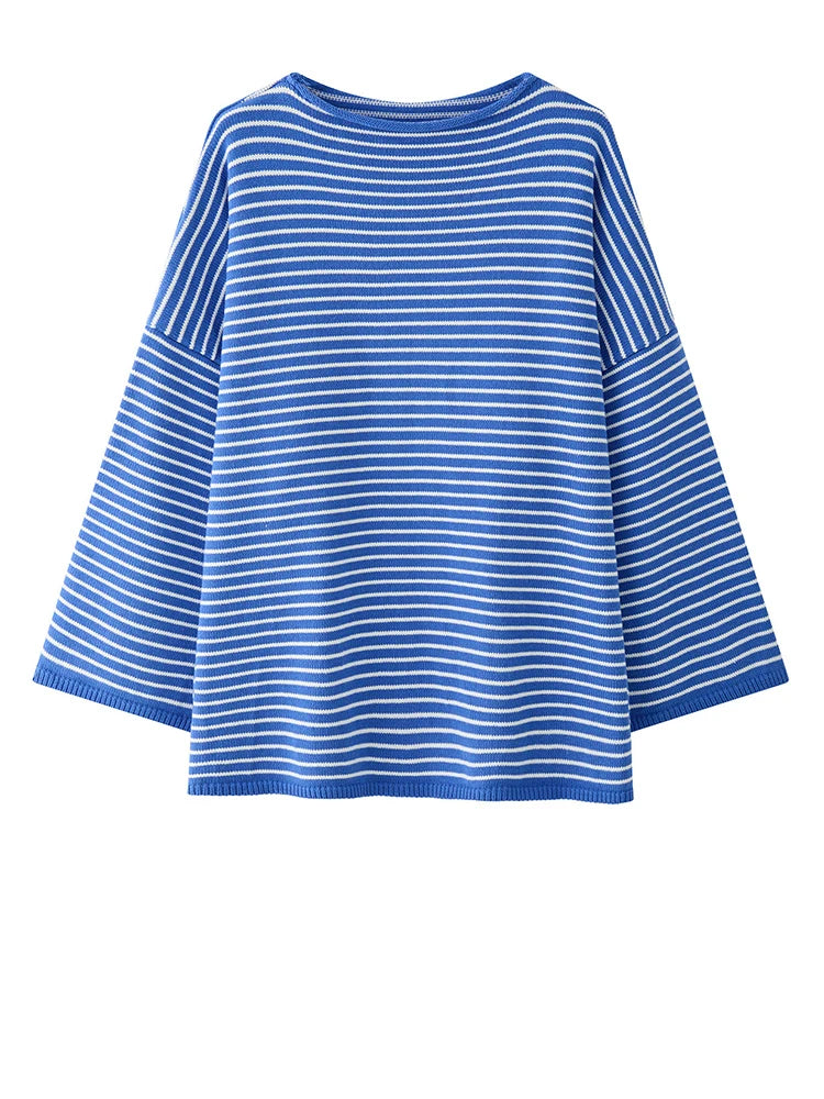 Women Blue Striped Shaped Big Size Knitting T-shirt New Round Neck Long Sleeve Fashion Tide Spring Autumn 2025 1DH9279