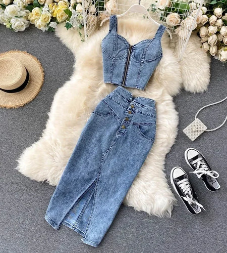 2024 Summer Women Skirt Two Piece Set Sexy V-Neck Ctopped Denim Vest High Waist Denim Skirts Korean Ladies Sleeveless Suits