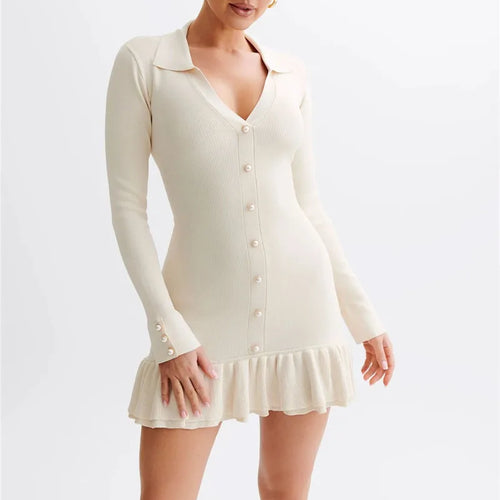 Load image into Gallery viewer, Long Sleeve Ruffled Knit Mini Dress For Women Autumn New V Neck Pearl Single-breasted Bow Bandage Knitted Dress Elegant
