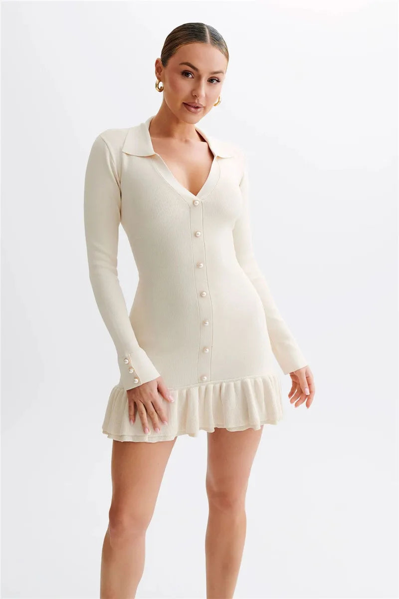 Long Sleeve Ruffled Knit Mini Dress For Women Autumn New V Neck Pearl Single-breasted Bow Bandage Knitted Dress Elegant