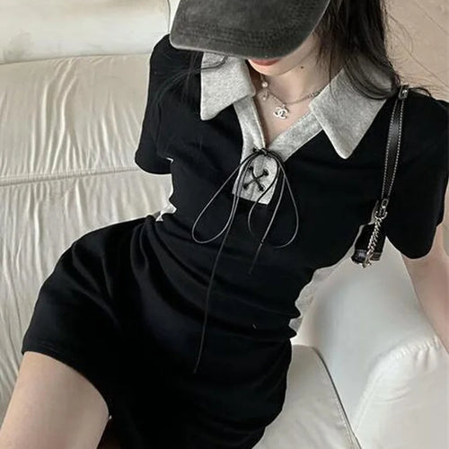 Load image into Gallery viewer, Korean Bodycon Tshirt Dress Women Casual Wrap Polo Collar Short Sleeve Dresses Summer Kpop Streetwear Design
