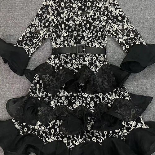 Load image into Gallery viewer, Solid Sheer Spliced Embroidery Dresses for Women Round Neck Half Sleeves Patchwork Ruffles Folds Dress Female New
