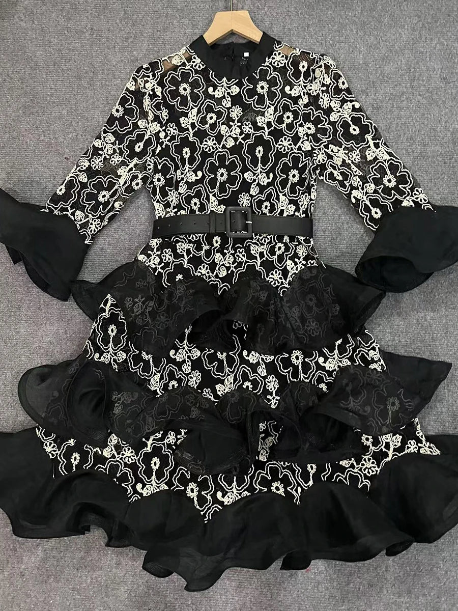 Solid Sheer Spliced Embroidery Dresses for Women Round Neck Half Sleeves Patchwork Ruffles Folds Dress Female New