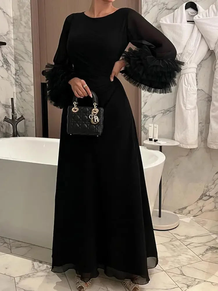 Elegant Solid Color Pleated Waist Party Evening Maxi Dresses 2025 New Spring Summer Fashion Flared Sleeve A-Line Dress