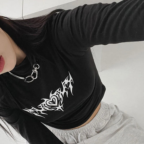 Load image into Gallery viewer, Gothic Dark Print Skinny Autumn Tshirts Female Y2K Harajuku Chain Basic Turtleneck Tee Cropped Tops Slim Long Sleeve
