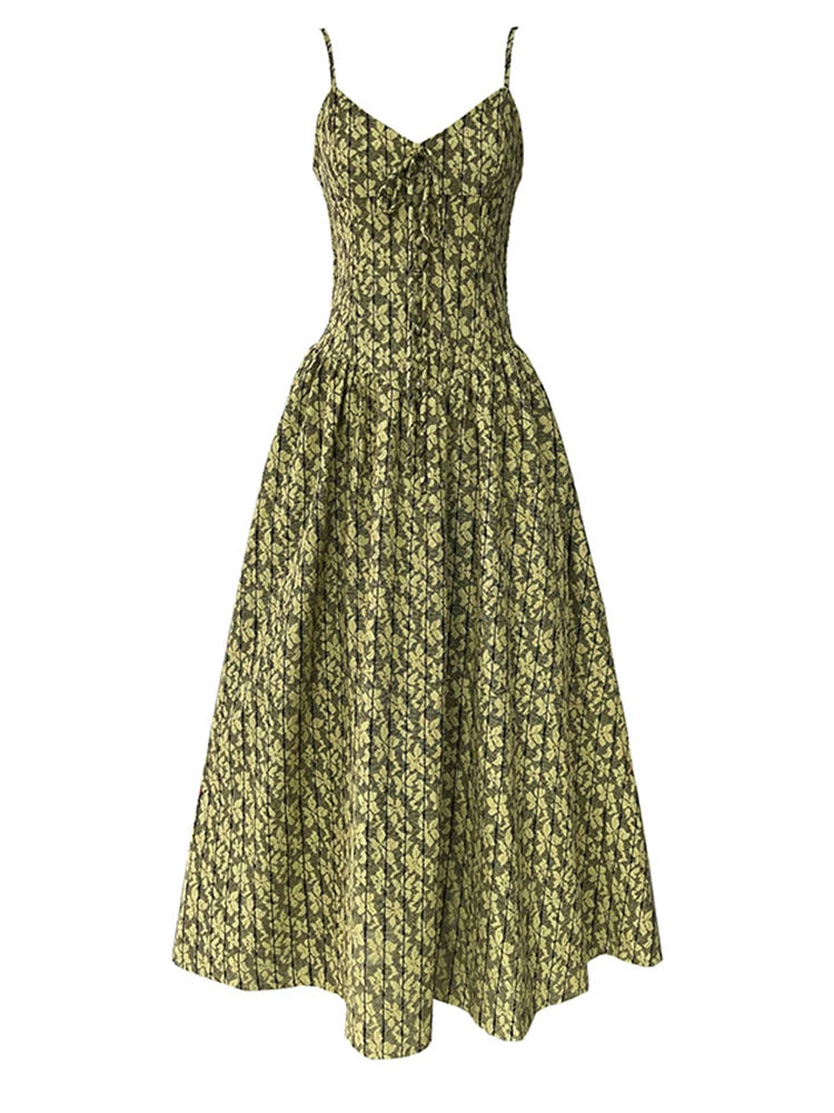 Women Green Printed Bandage Long Spaghetti Strap Dress New V-Neck Sleeveless Fashion Tide Spring Summer 2025 1DJ1311