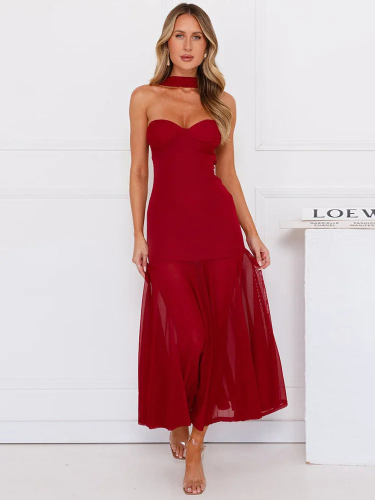 Scarf collar strapless sexy maxi dress women gown off-shoulder backless sleeveless A-line bodycon club long dress
