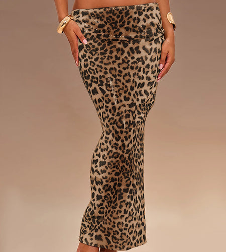 Sequined Leopard Print High Waist Slit Sexy Slim Maxi Skirt Autumn Women Fashion Outfits Streetwear Party Vacation