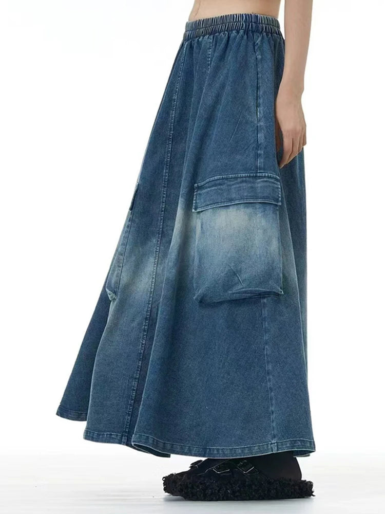 High Elastic Waist Blue Pocket Denim Vintage A-line Half-body Skirt Women Fashion Tide New Spring Autumn 2025 1DH9644