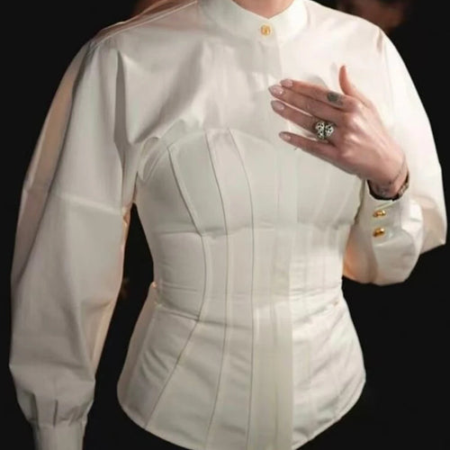 Load image into Gallery viewer, Solid Slimming Spliced Button Fashion Shirts for Women Round Neck Long Sleeves Tunic Patchwork Lace Up Shirt Female
