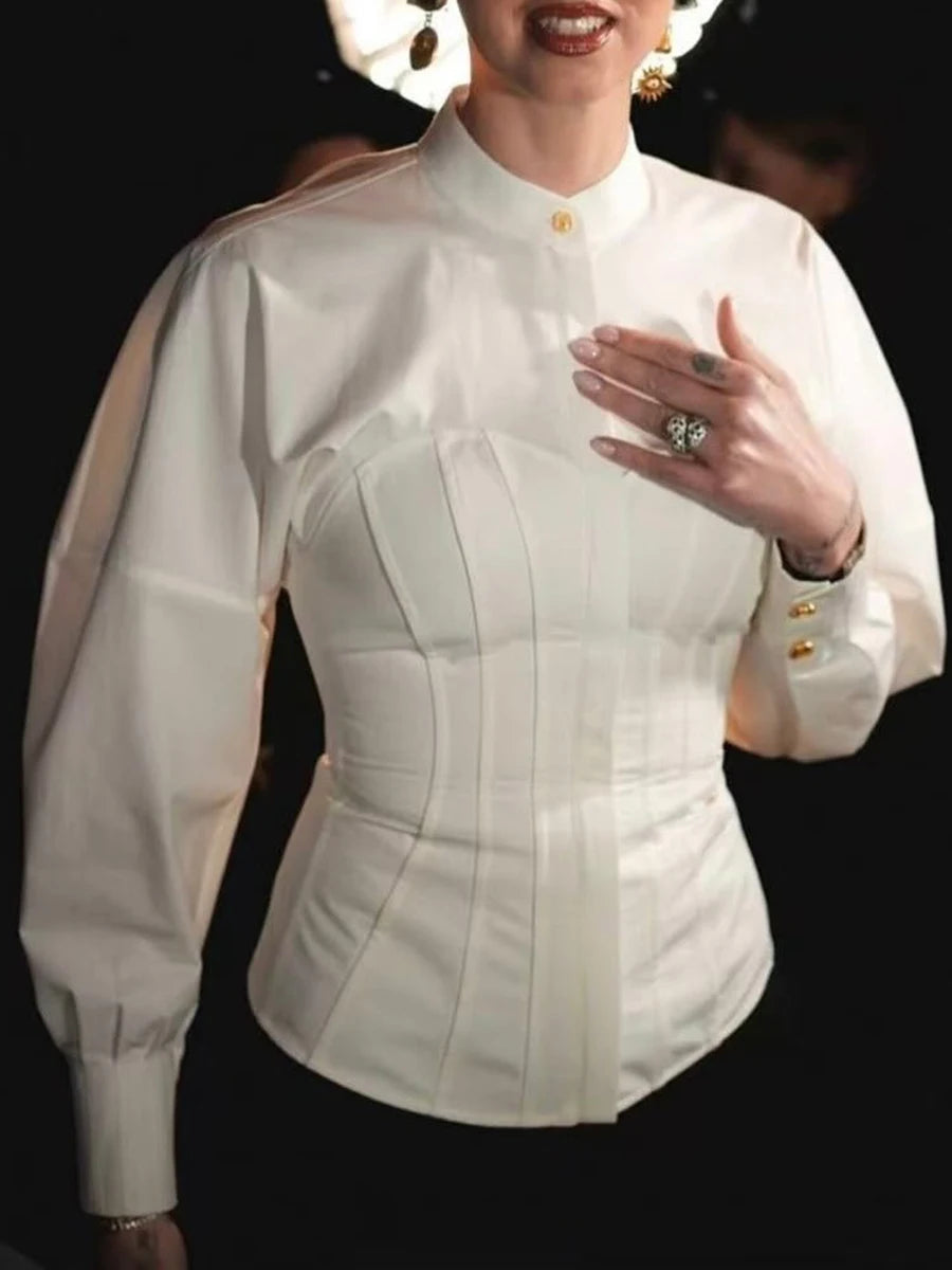 Solid Slimming Spliced Button Fashion Shirts for Women Round Neck Long Sleeves Tunic Patchwork Lace Up Shirt Female