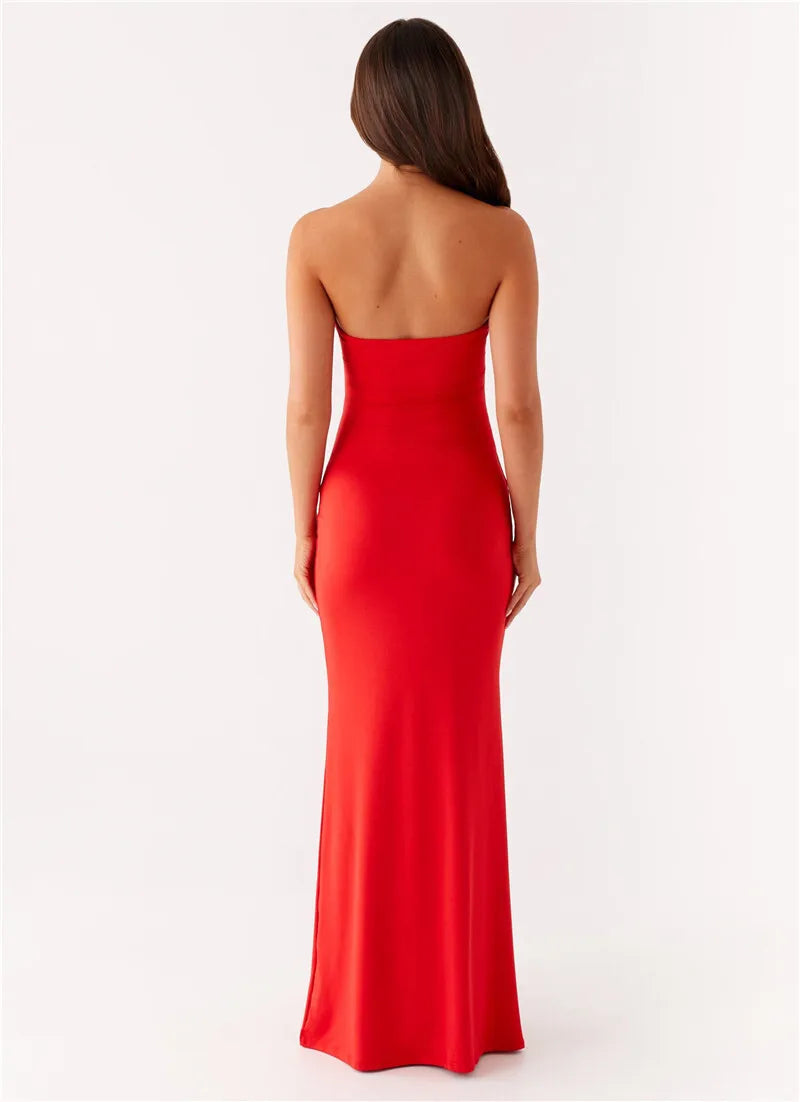 Metal Rose Hollow Out Sexy Maxi Dress Women Beach Holiday Gown Strapless Off-shoulder Backless Bodycon Club Long Dress