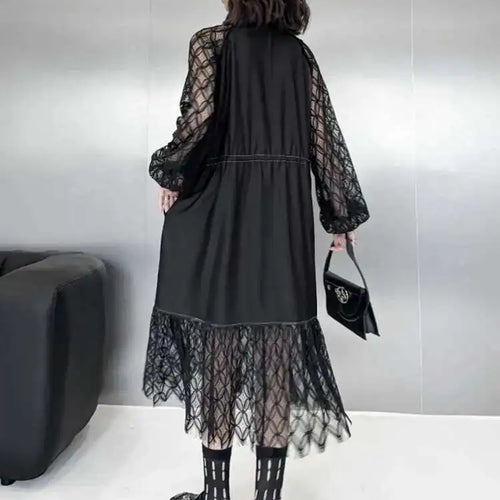 Load image into Gallery viewer, Women Black Denim Lace Perspective Big Size Shirt Dress New Lapel Long Sleeve Fashion Tide Spring Autumn 2025 1DH702001
