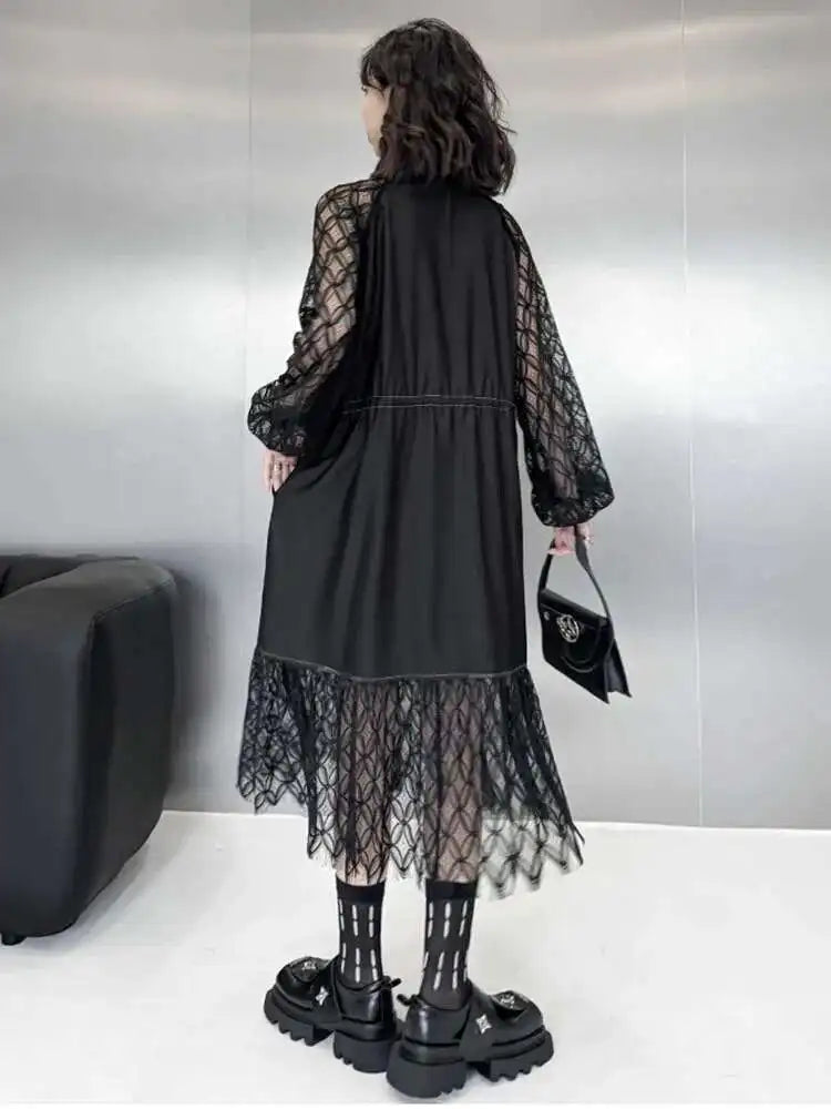 Women Black Denim Lace Perspective Big Size Shirt Dress New Lapel Long Sleeve Fashion Tide Spring Autumn 2025 1DH702001