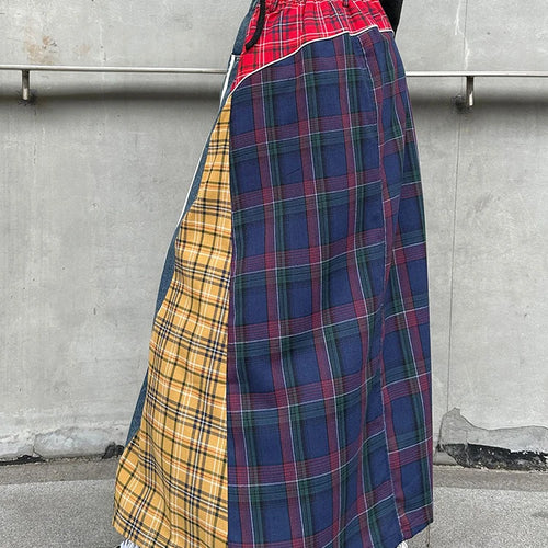 Load image into Gallery viewer, High Elastic Waist Blue Back Plaid Denim Long A-line Half-body Skirt Women Fashion Tide New Spring Autumn 2025 1DH8117
