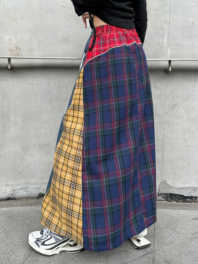 High Elastic Waist Blue Back Plaid Denim Long A-line Half-body Skirt Women Fashion Tide New Spring Autumn 2025 1DH8117