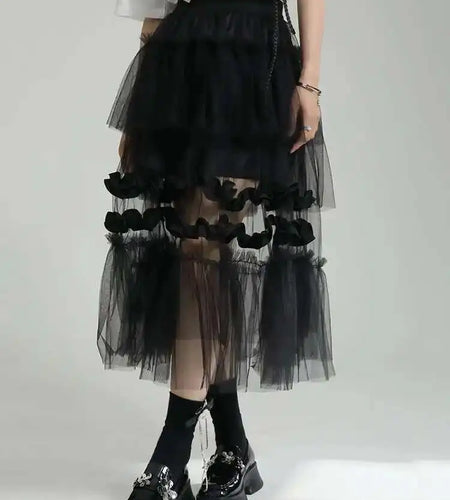 High Elastic Waist Black Irregular Mesh Perspective Midi Half-body Skirt Women Fashion Tide New Spring Autumn 2025 1DF7528