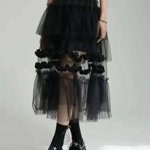 Load image into Gallery viewer, High Elastic Waist Black Irregular Mesh Perspective Midi Half-body Skirt Women Fashion Tide New Spring Autumn 2025 1DF7528
