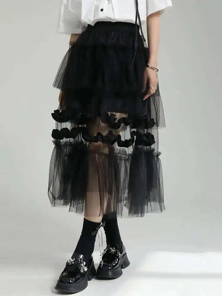 High Elastic Waist Black Irregular Mesh Perspective Midi Half-body Skirt Women Fashion Tide New Spring Autumn 2025 1DF7528