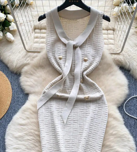Summer Beige V-neck Sleeveless Slim Knitted Sexy Mini Dresses Women Korean Fashion Button Wrap Hip Short Dress Office 2024 New