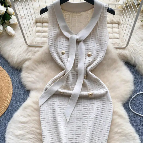 Load image into Gallery viewer, Summer Beige V-neck Sleeveless Slim Knitted Sexy Mini Dresses Women Korean Fashion Button Wrap Hip Short Dress Office 2024 New

