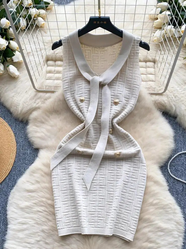 Summer Beige V-neck Sleeveless Slim Knitted Sexy Mini Dresses Women Korean Fashion Button Wrap Hip Short Dress Office 2024 New