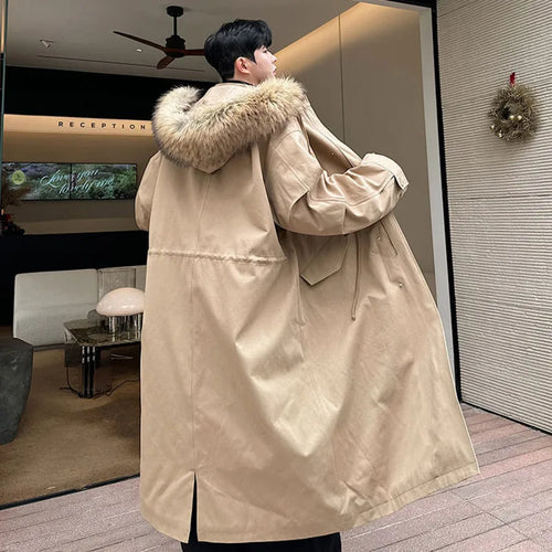 Load image into Gallery viewer, Winter Hooded Padded Coat Detachable Fur Collar Outwear Men Solid Color Single Breasted Casual Korean Overcoat 9C9023
