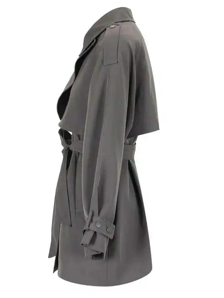 Women Gray Belted Big Size Trench New Lapel Long Sleeve Loose Fit Windbreaker Fashion Tide Spring Autumn 2025 CPG0586