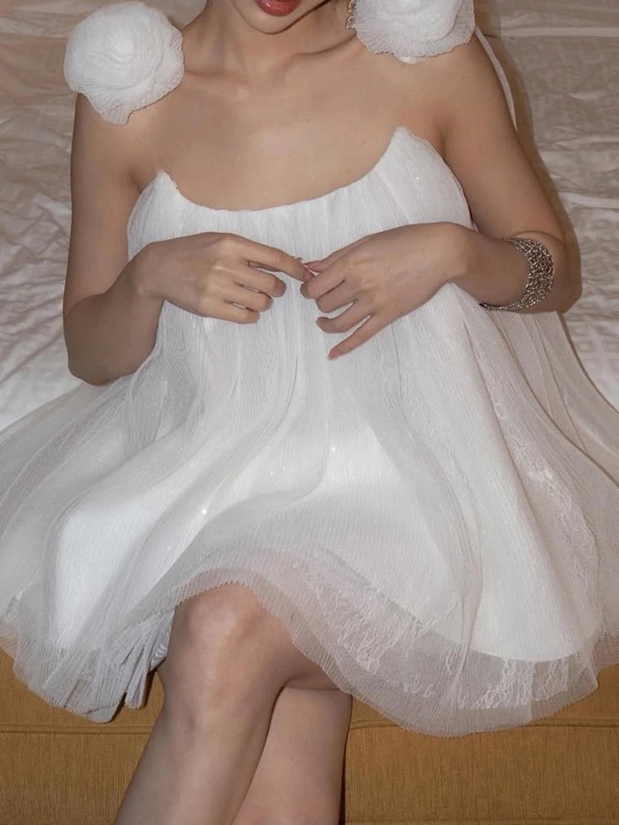 Solid Spliced Appliques Loose Mini Dresses For Women Strapless Sleeveless High Waist Temperament Dress Female New