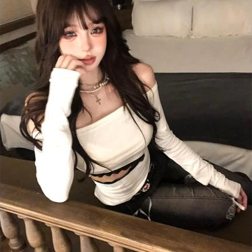 Load image into Gallery viewer, 2025 Hollow Out Lace Patchwork Tshirts Y2k Aesthetic Slash Neck Grunge T-shirt Harajuku Autumn Irregular Vintage Tops Streetwear
