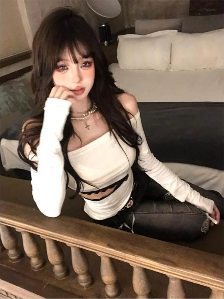 2025 Hollow Out Lace Patchwork Tshirts Y2k Aesthetic Slash Neck Grunge T-shirt Harajuku Autumn Irregular Vintage Tops Streetwear