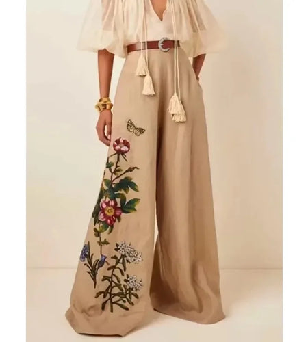 Women's Wide Leg Pants With Belted 2025 Spring Summer Floral Printed Loose Vintage High Waisted Casual Trousers Woman