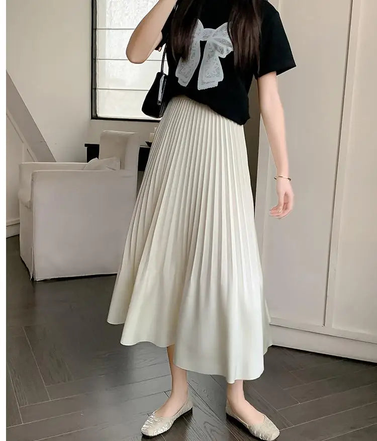 Spring Summer New Women Solid Office Elegant Long Skirt French Fashion High Waist Vacation Pleated Half Skirt Popular Streetwear