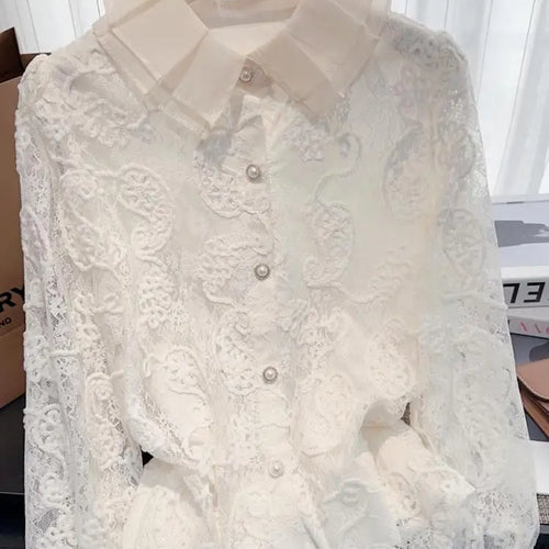 Load image into Gallery viewer, French Vintage Women White Lace Elegant Long Sleeve Shirt 2024 New Autumn Winter Single Breasted Ruffle Edge Slim Blouse Tops
