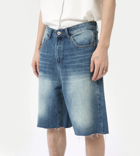 American Style Men's Denim Shorts Casual Worn-out Straight Male Trousers Wide Leg Loose Bottom Trend Summer 9C6318