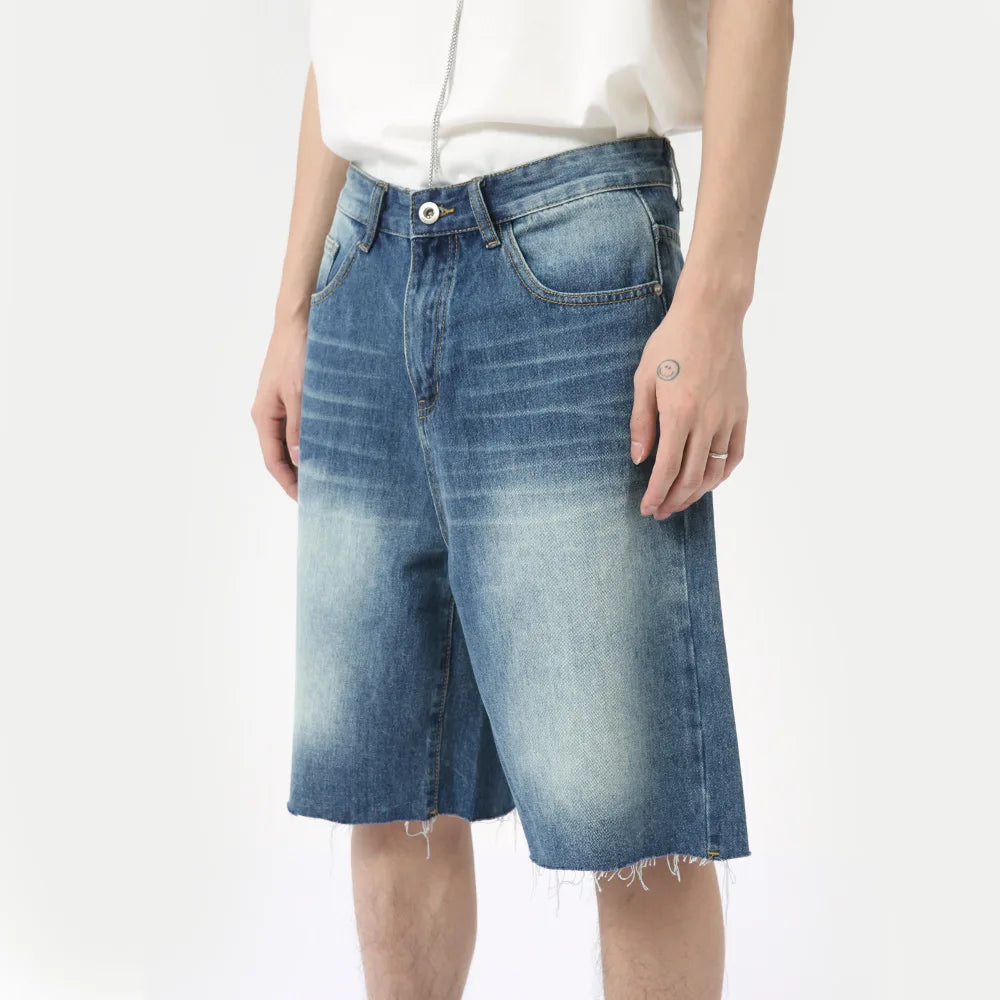 American Style Men's Denim Shorts Casual Worn-out Straight Male Trousers Wide Leg Loose Bottom Trend Summer 9C6318