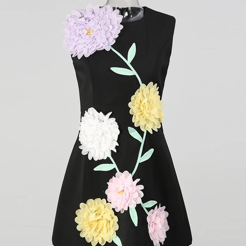 Load image into Gallery viewer, Hit Color Spliced 3D Flower Fashion Mini Dresses for Women Round Neck Sleeveless Elegant Dress Female Clothing New
