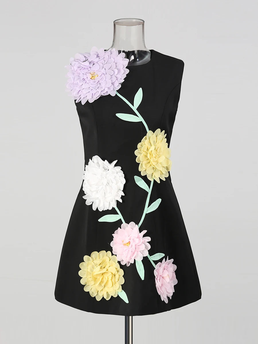 Hit Color Spliced 3D Flower Fashion Mini Dresses for Women Round Neck Sleeveless Elegant Dress Female Clothing New