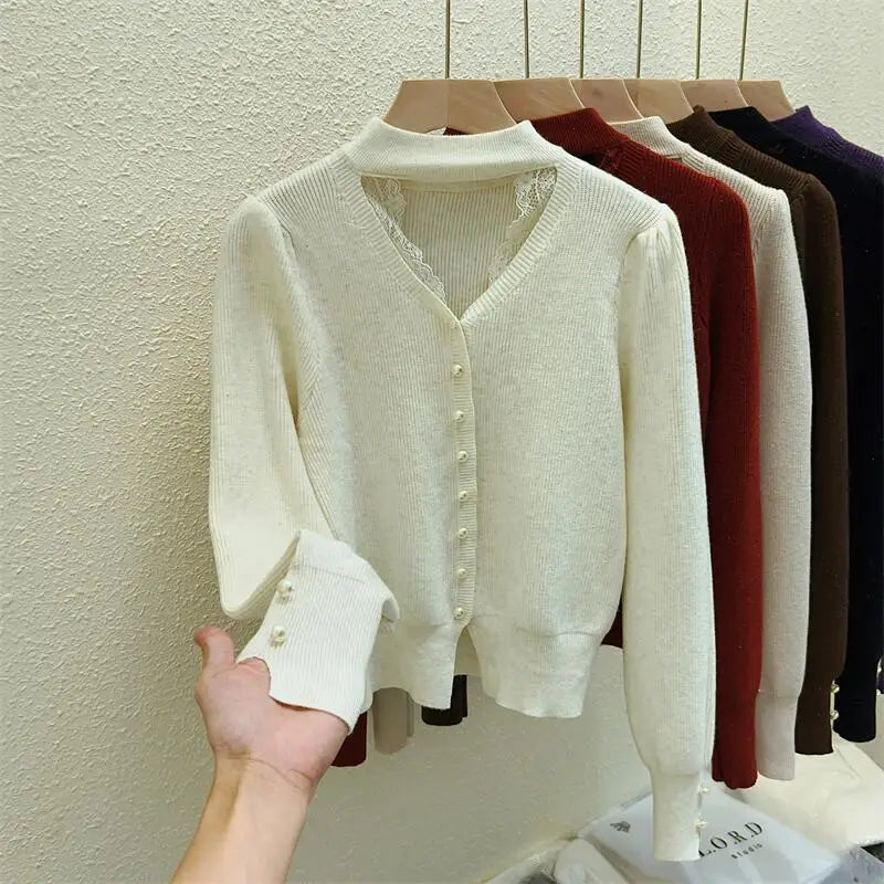 Autumn Winter Solid Lace Hollow Out Single Breasted Velvet Sweater Korean Fashion Women Warm Knitwear Long Sleeve Pullovers Tops