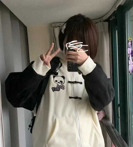 Japanese Winter Clothes Women Jackets Embroidery Panda Cute Outwear Hooded Contrast Color Thicked Chic Y2k Coat 2024 Ropa Mujer