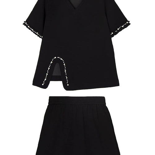 Load image into Gallery viewer, Black Pearled T-shirt Mini Skirt Two Pieces Suit New Round Neck Short Sleeve Women Fashion Spring Summer 2025 1DJ1124
