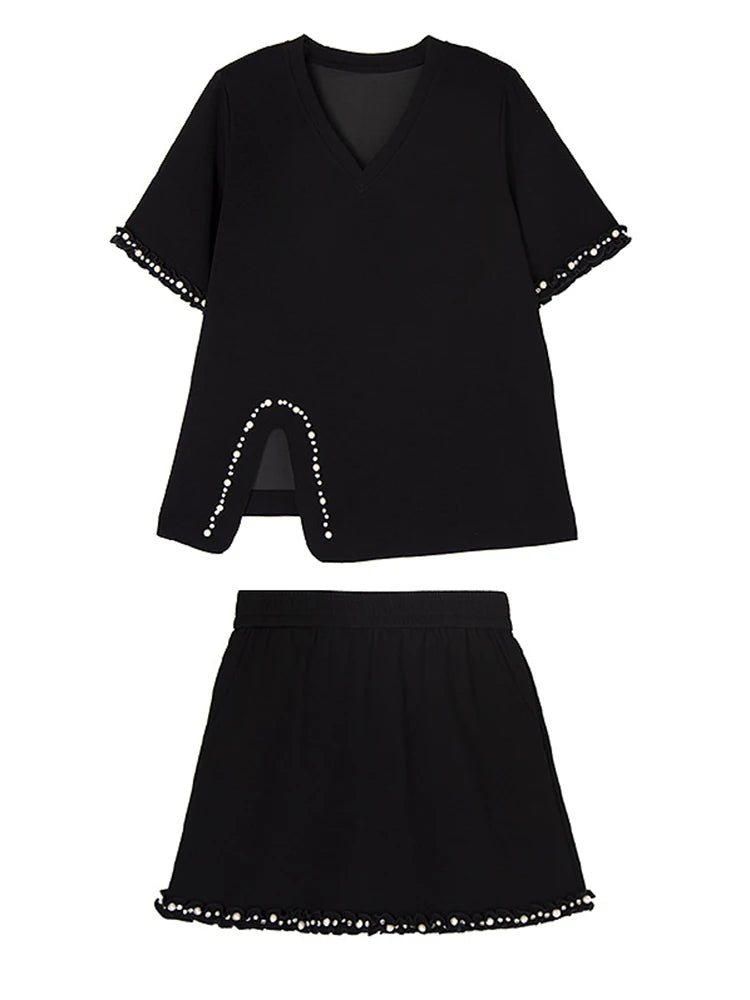 Black Pearled T-shirt Mini Skirt Two Pieces Suit New Round Neck Short Sleeve Women Fashion Spring Summer 2025 1DJ1124