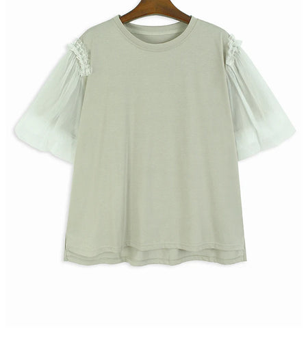 Women Apricot Mesh Spliced Big Size Elegant T-shirt New Round Neck Short Puff Sleeve Fashion Spring Summer 20251DJ0891