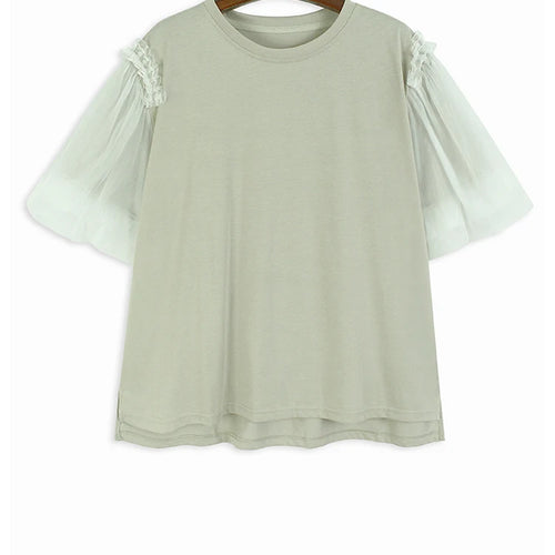 Load image into Gallery viewer, Women Apricot Mesh Spliced Big Size Elegant T-shirt New Round Neck Short Puff Sleeve Fashion Spring Summer 20251DJ0891
