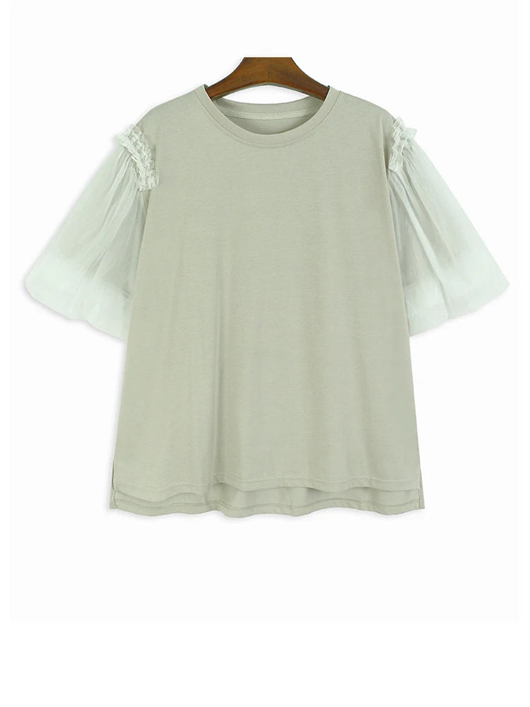 Women Apricot Mesh Spliced Big Size Elegant T-shirt New Round Neck Short Puff Sleeve Fashion Spring Summer 20251DJ0891